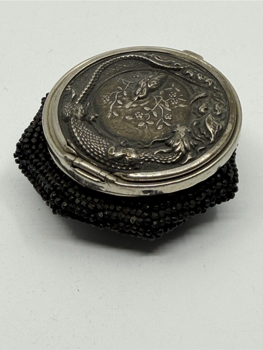 Antique Silver-Tone Embossed Dragon& sparrow Black Beaded Coin purse